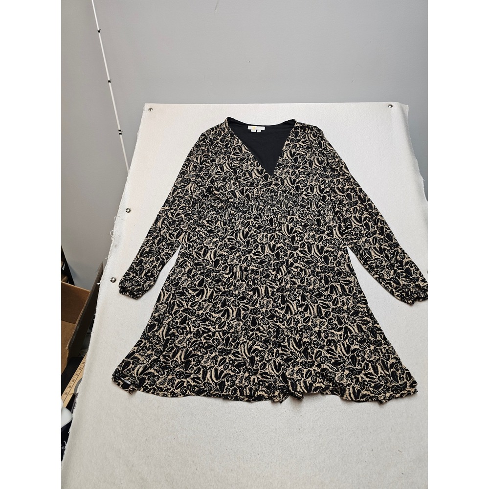 Boden Black Tan Floral Smocked Waist V-Neck Ecovero Viscose Dress US 12R D0386